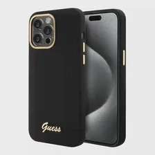 Накладка Guess для iPhone 15 Pro Liquid silicone Gold metal logo & Camera frame Hard, Black (GUHCP15LSMBSLK)